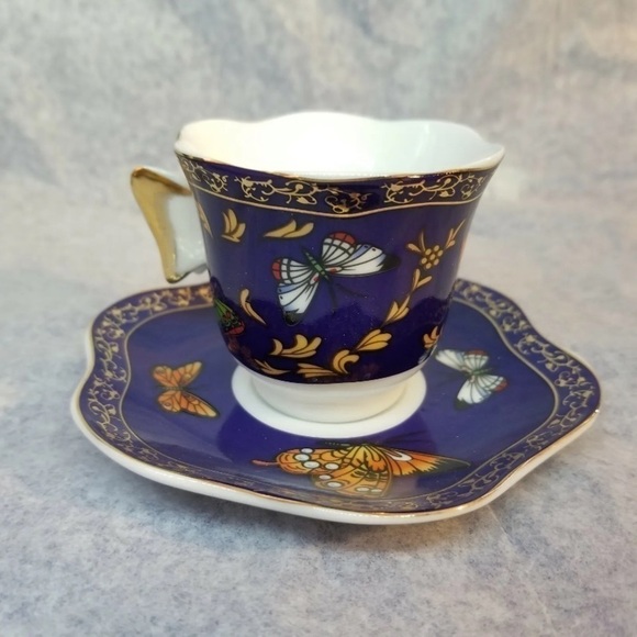 VINTAGE CC &T Mini Cup Saucer Set of 6, Multi-Color Butterfly Wings Handle New - Picture 5 of 10